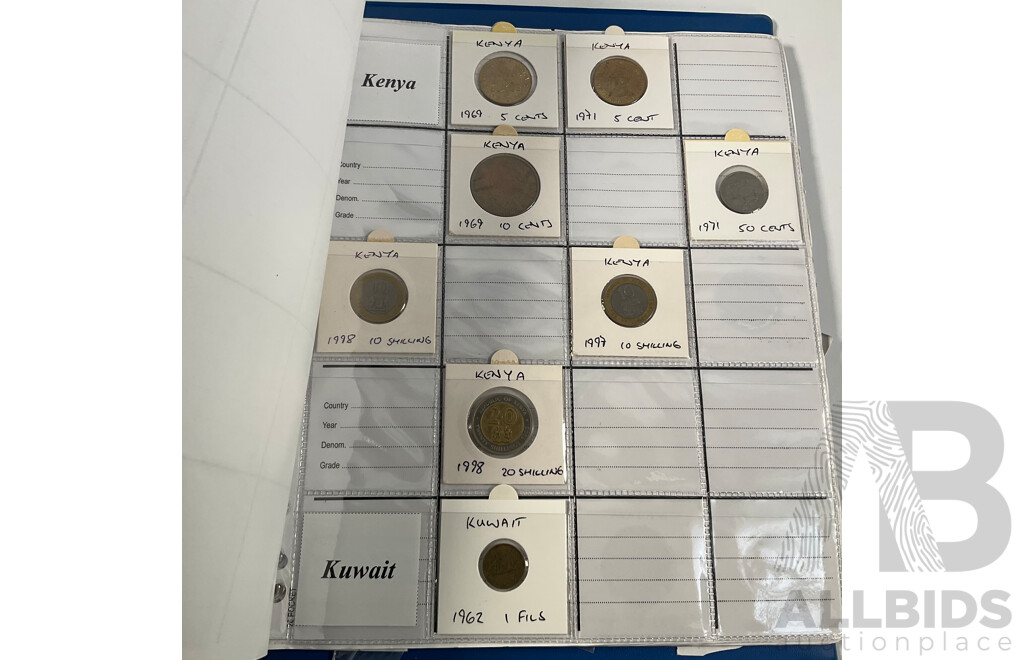 Album of International Coins in Alphabetical Order Including Argentina, Bahamas, Barbados, Brazil, Canada, China, East Africa, Egypt, Fiji, Ghana, Hong Kong, India, Indonesia, Israel, Japan, Kenya, Macau and More