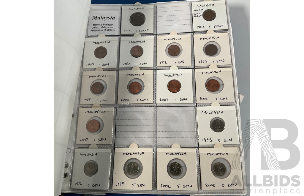 Album of International Coins in Alphabetical Order Including Argentina, Bahamas, Barbados, Brazil, Canada, China, East Africa, Egypt, Fiji, Ghana, Hong Kong, India, Indonesia, Israel, Japan, Kenya, Macau and More