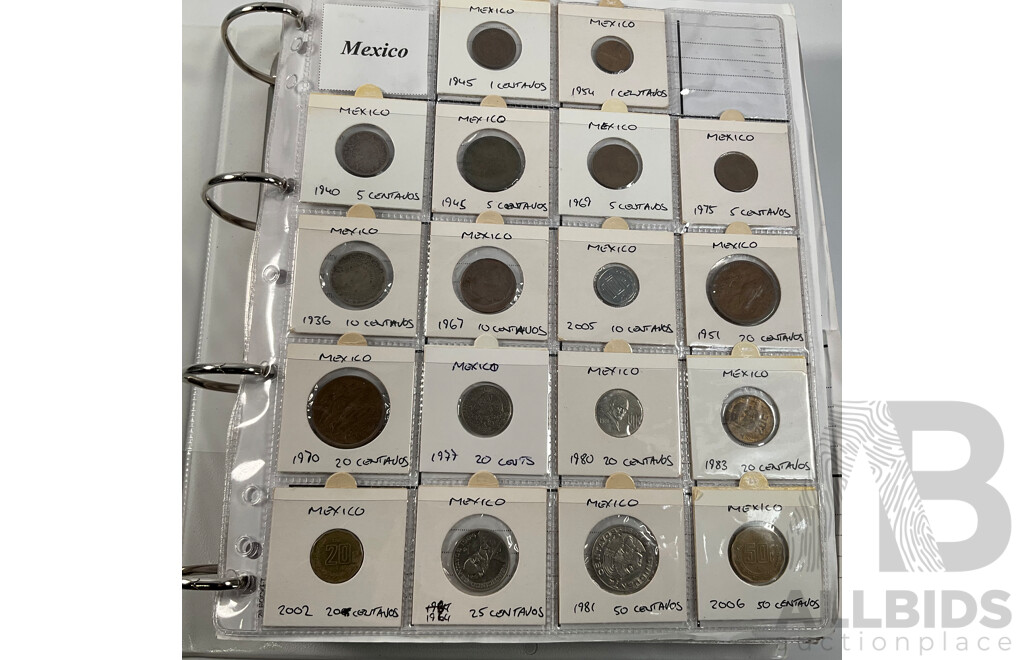 Album of International Coins in Alphabetical Order Including Mexico, Nepal, New Caledonia, New Zealand, Nicaragua, Palestine, Paraguay, Peru, Philippines, Samoa, Singapore, South Africa, Sri Lanka, Taiwan, Thailand, Trinidad, Tonga and More