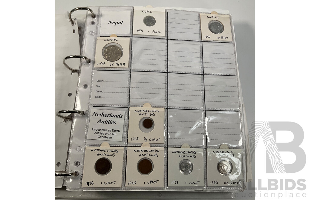Album of International Coins in Alphabetical Order Including Mexico, Nepal, New Caledonia, New Zealand, Nicaragua, Palestine, Paraguay, Peru, Philippines, Samoa, Singapore, South Africa, Sri Lanka, Taiwan, Thailand, Trinidad, Tonga and More