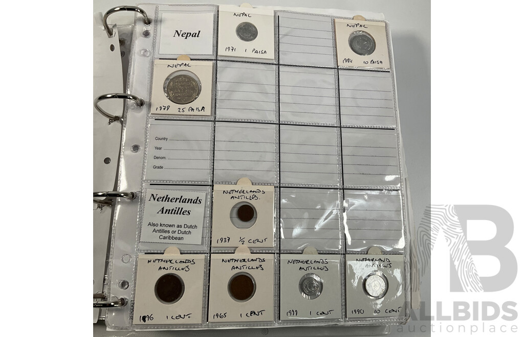 Album of International Coins in Alphabetical Order Including Mexico, Nepal, New Caledonia, New Zealand, Nicaragua, Palestine, Paraguay, Peru, Philippines, Samoa, Singapore, South Africa, Sri Lanka, Taiwan, Thailand, Trinidad, Tonga and More