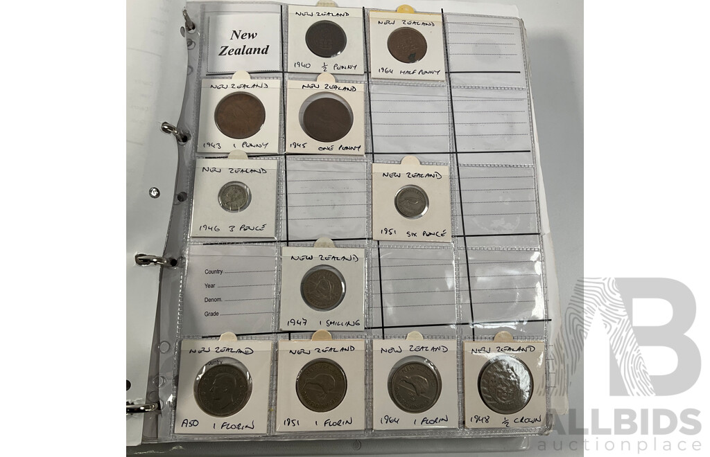 Album of International Coins in Alphabetical Order Including Mexico, Nepal, New Caledonia, New Zealand, Nicaragua, Palestine, Paraguay, Peru, Philippines, Samoa, Singapore, South Africa, Sri Lanka, Taiwan, Thailand, Trinidad, Tonga and More
