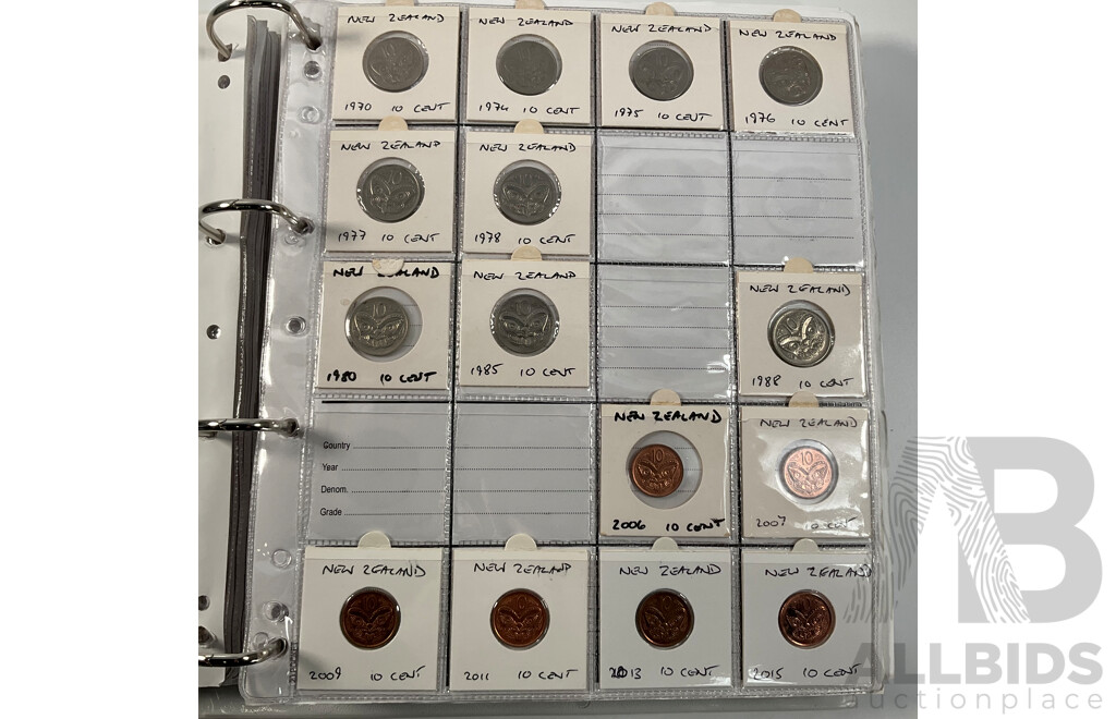 Album of International Coins in Alphabetical Order Including Mexico, Nepal, New Caledonia, New Zealand, Nicaragua, Palestine, Paraguay, Peru, Philippines, Samoa, Singapore, South Africa, Sri Lanka, Taiwan, Thailand, Trinidad, Tonga and More