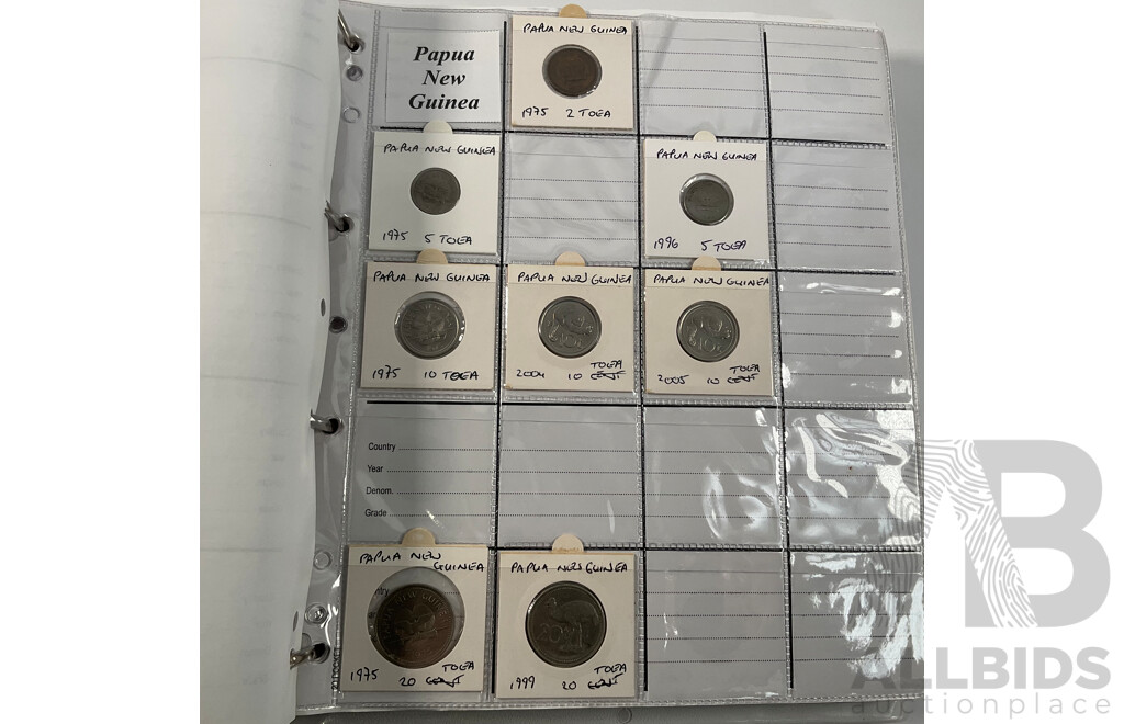 Album of International Coins in Alphabetical Order Including Mexico, Nepal, New Caledonia, New Zealand, Nicaragua, Palestine, Paraguay, Peru, Philippines, Samoa, Singapore, South Africa, Sri Lanka, Taiwan, Thailand, Trinidad, Tonga and More