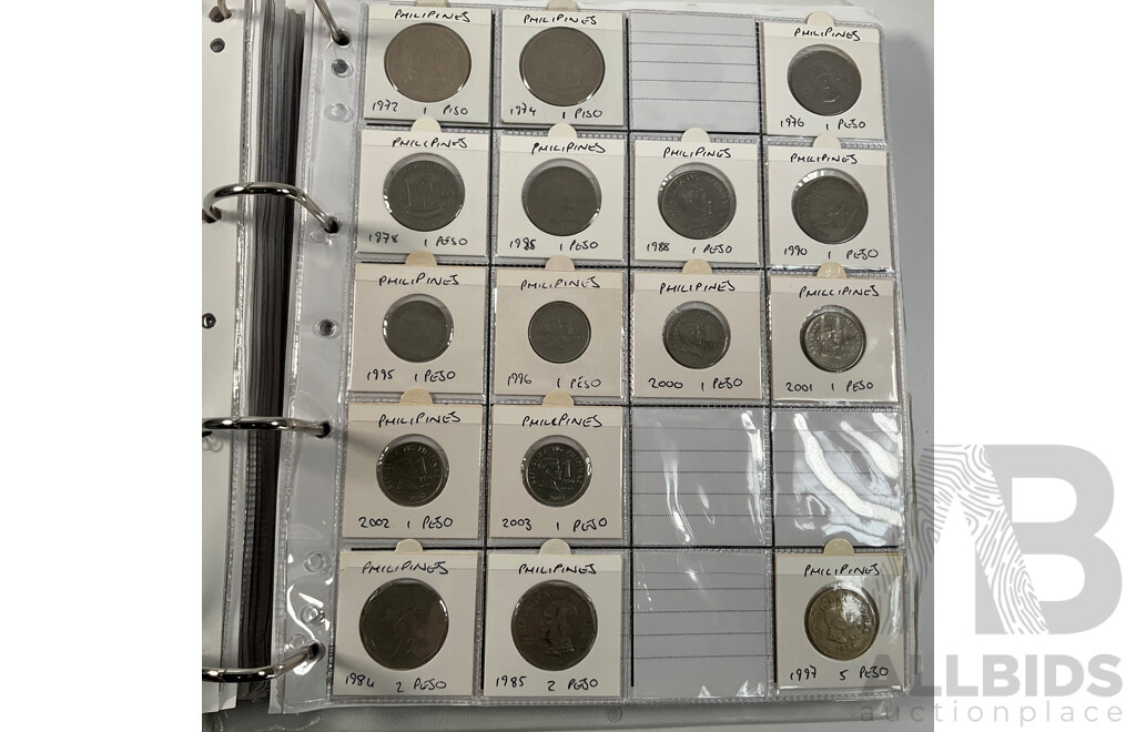 Album of International Coins in Alphabetical Order Including Mexico, Nepal, New Caledonia, New Zealand, Nicaragua, Palestine, Paraguay, Peru, Philippines, Samoa, Singapore, South Africa, Sri Lanka, Taiwan, Thailand, Trinidad, Tonga and More