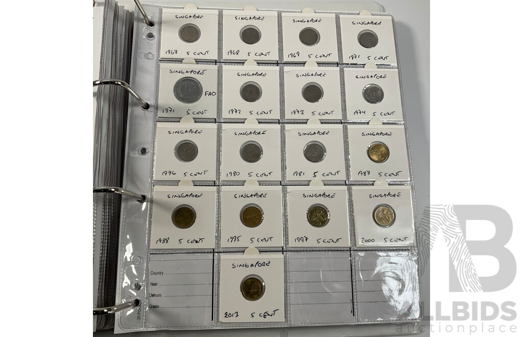Album of International Coins in Alphabetical Order Including Mexico, Nepal, New Caledonia, New Zealand, Nicaragua, Palestine, Paraguay, Peru, Philippines, Samoa, Singapore, South Africa, Sri Lanka, Taiwan, Thailand, Trinidad, Tonga and More