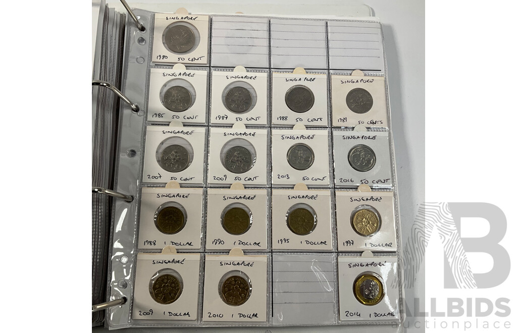 Album of International Coins in Alphabetical Order Including Mexico, Nepal, New Caledonia, New Zealand, Nicaragua, Palestine, Paraguay, Peru, Philippines, Samoa, Singapore, South Africa, Sri Lanka, Taiwan, Thailand, Trinidad, Tonga and More