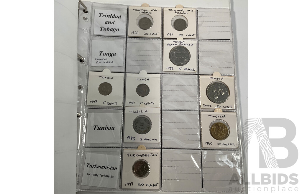 Album of International Coins in Alphabetical Order Including Mexico, Nepal, New Caledonia, New Zealand, Nicaragua, Palestine, Paraguay, Peru, Philippines, Samoa, Singapore, South Africa, Sri Lanka, Taiwan, Thailand, Trinidad, Tonga and More
