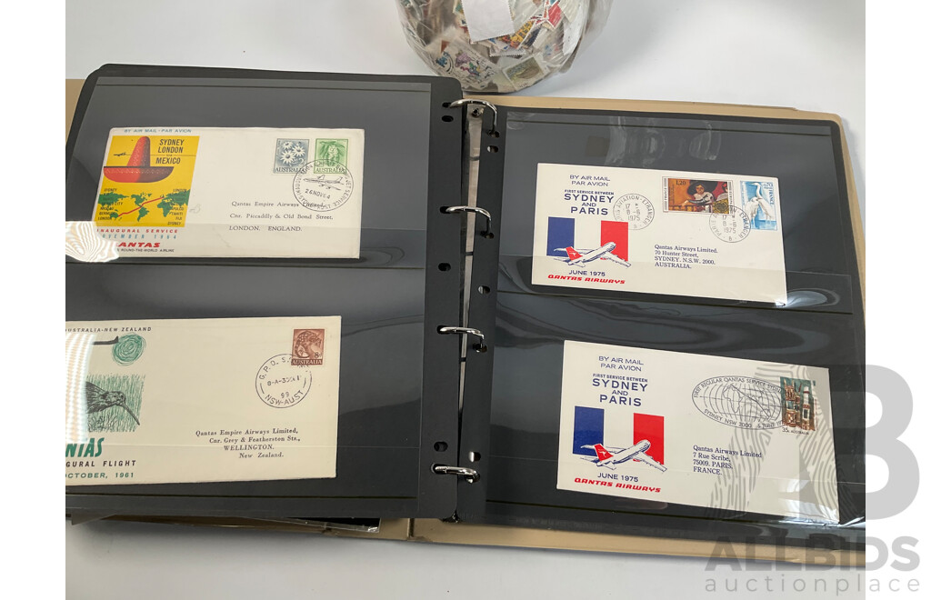 Album of Mostly 1960's-1980's Australian First Day Covers Including Many Qantas Inaugural Flights, Collection of Vintage Cancelled International Stamps