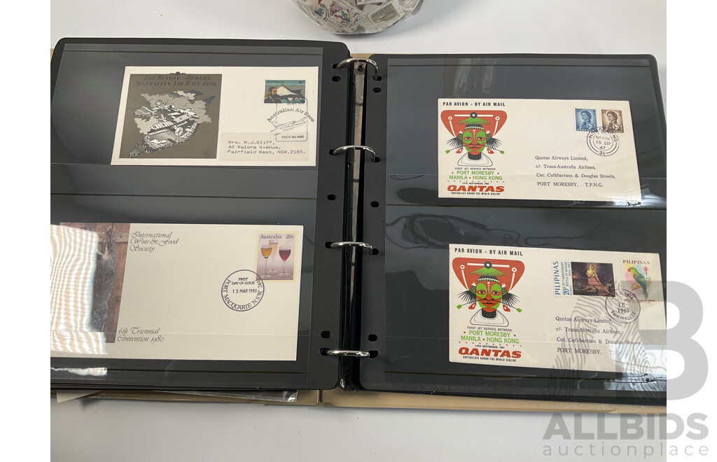 Album of Mostly 1960's-1980's Australian First Day Covers Including Many Qantas Inaugural Flights, Collection of Vintage Cancelled International Stamps