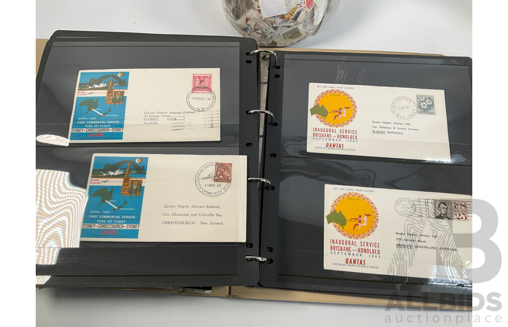 Album of Mostly 1960's-1980's Australian First Day Covers Including Many Qantas Inaugural Flights, Collection of Vintage Cancelled International Stamps