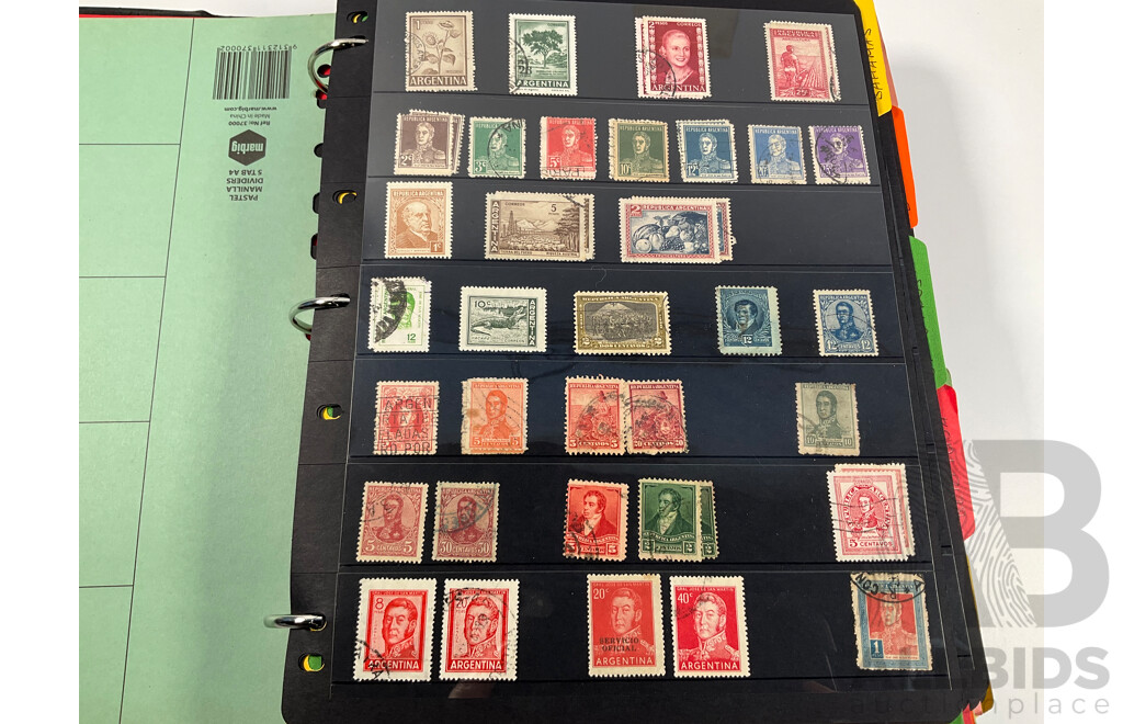 Album of North and South American Stamps Including USA 1862-1871 Two Dollar Mortgage Internal Revenue Stamp, Mexico 1899 Coat of Arms Part Set, Argentina, Bolivia, Chile, Canada, Columbia, Peru and More
