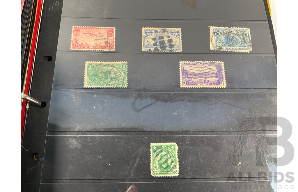 Album of North and South American Stamps Including USA 1862-1871 Two Dollar Mortgage Internal Revenue Stamp, Mexico 1899 Coat of Arms Part Set, Argentina, Bolivia, Chile, Canada, Columbia, Peru and More