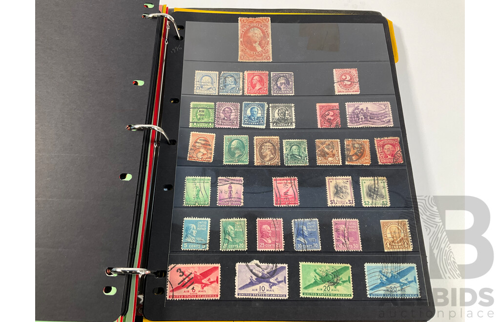 Album of North and South American Stamps Including USA 1862-1871 Two Dollar Mortgage Internal Revenue Stamp, Mexico 1899 Coat of Arms Part Set, Argentina, Bolivia, Chile, Canada, Columbia, Peru and More