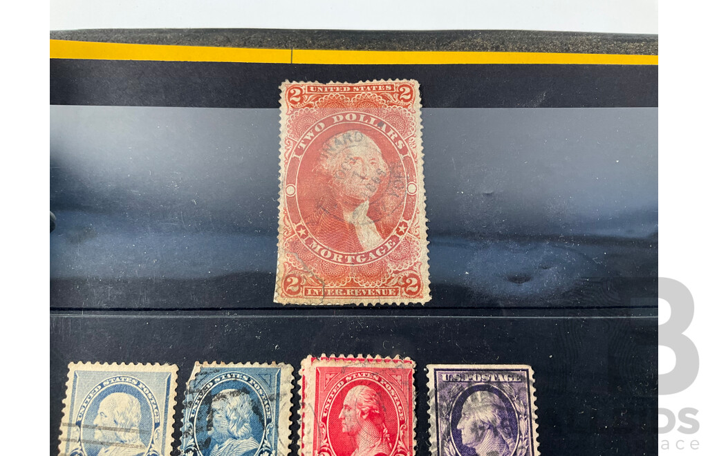 Album of North and South American Stamps Including USA 1862-1871 Two Dollar Mortgage Internal Revenue Stamp, Mexico 1899 Coat of Arms Part Set, Argentina, Bolivia, Chile, Canada, Columbia, Peru and More