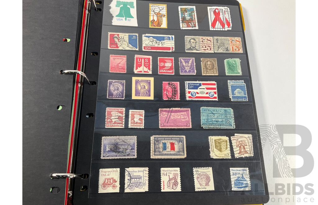 Album of North and South American Stamps Including USA 1862-1871 Two Dollar Mortgage Internal Revenue Stamp, Mexico 1899 Coat of Arms Part Set, Argentina, Bolivia, Chile, Canada, Columbia, Peru and More