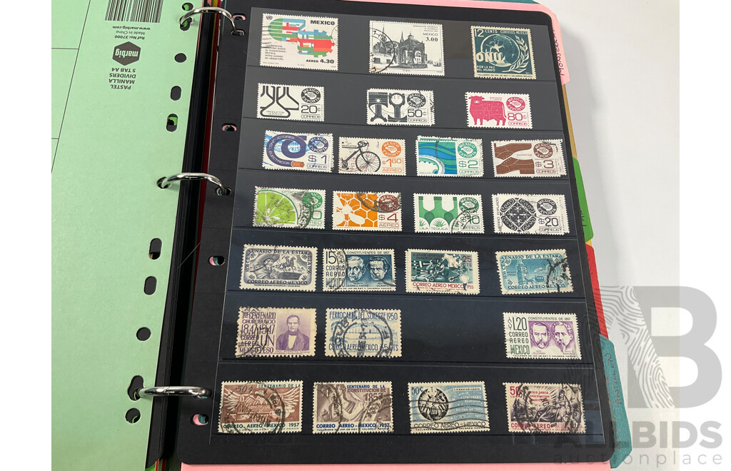 Album of North and South American Stamps Including USA 1862-1871 Two Dollar Mortgage Internal Revenue Stamp, Mexico 1899 Coat of Arms Part Set, Argentina, Bolivia, Chile, Canada, Columbia, Peru and More