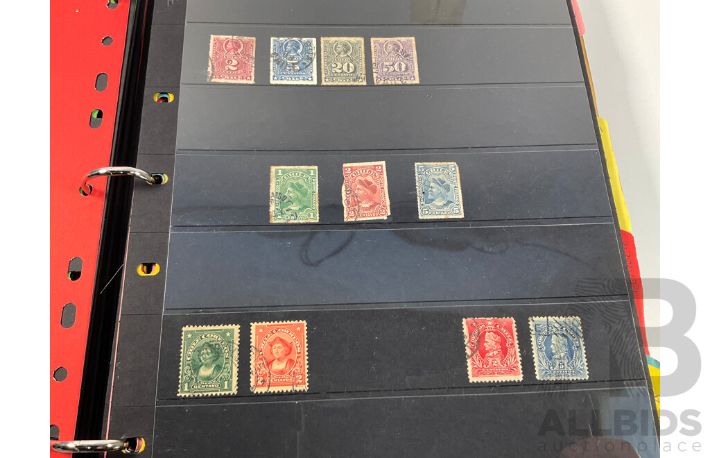 Album of North and South American Stamps Including USA 1862-1871 Two Dollar Mortgage Internal Revenue Stamp, Mexico 1899 Coat of Arms Part Set, Argentina, Bolivia, Chile, Canada, Columbia, Peru and More