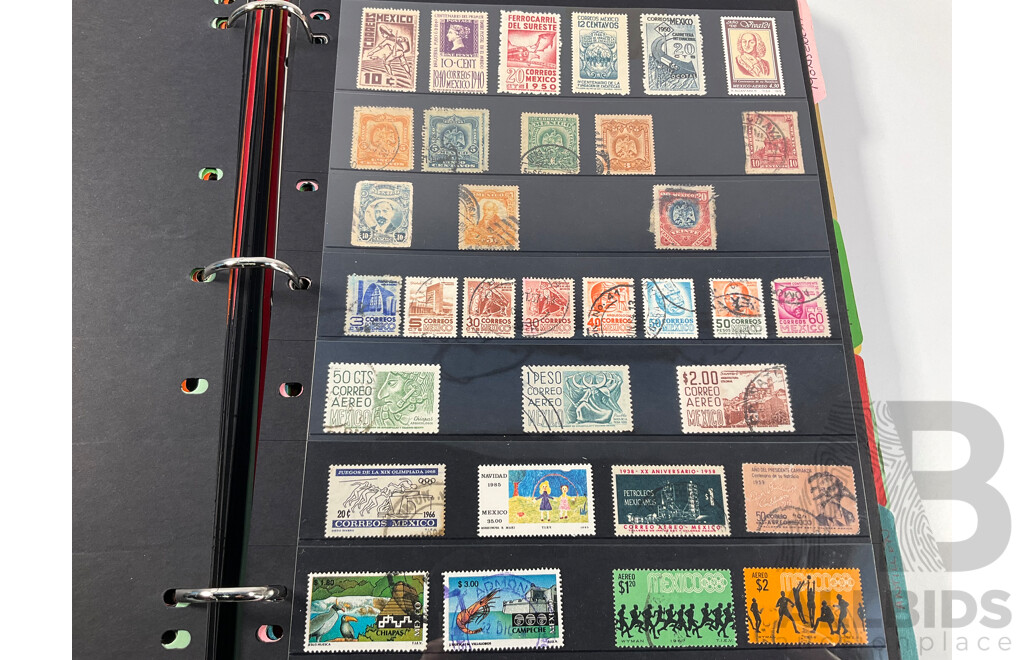 Album of North and South American Stamps Including USA 1862-1871 Two Dollar Mortgage Internal Revenue Stamp, Mexico 1899 Coat of Arms Part Set, Argentina, Bolivia, Chile, Canada, Columbia, Peru and More