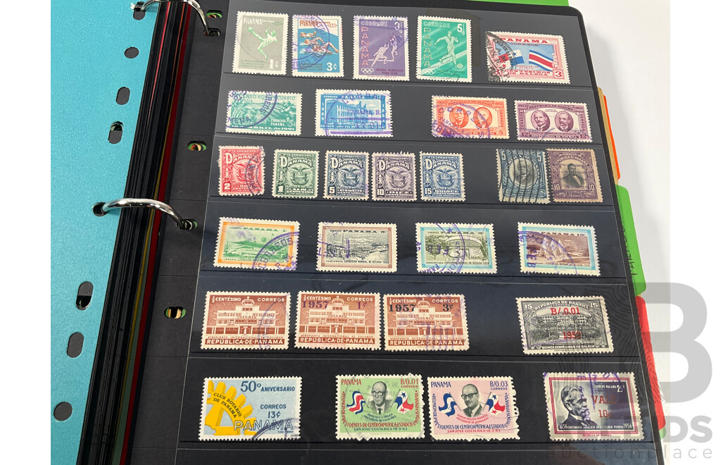 Album of North and South American Stamps Including USA 1862-1871 Two Dollar Mortgage Internal Revenue Stamp, Mexico 1899 Coat of Arms Part Set, Argentina, Bolivia, Chile, Canada, Columbia, Peru and More