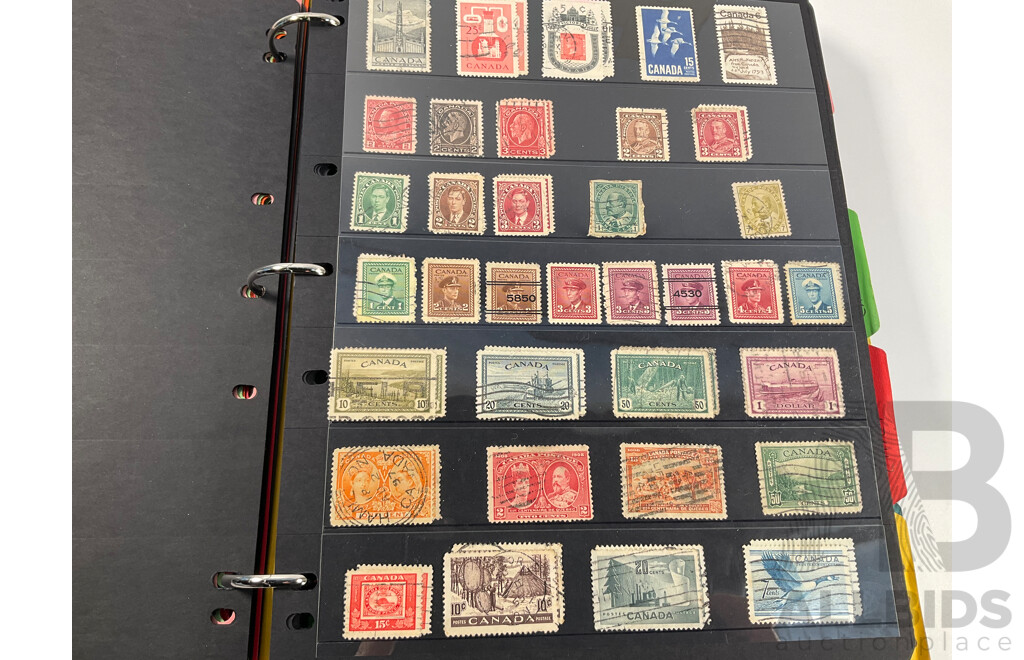 Album of North and South American Stamps Including USA 1862-1871 Two Dollar Mortgage Internal Revenue Stamp, Mexico 1899 Coat of Arms Part Set, Argentina, Bolivia, Chile, Canada, Columbia, Peru and More