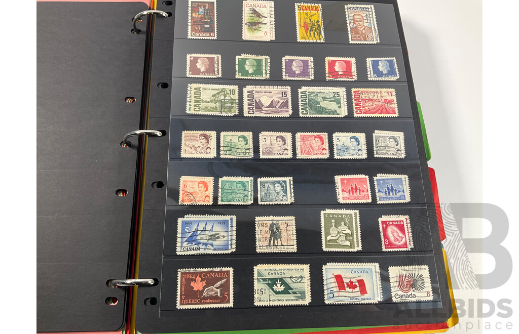 Album of North and South American Stamps Including USA 1862-1871 Two Dollar Mortgage Internal Revenue Stamp, Mexico 1899 Coat of Arms Part Set, Argentina, Bolivia, Chile, Canada, Columbia, Peru and More