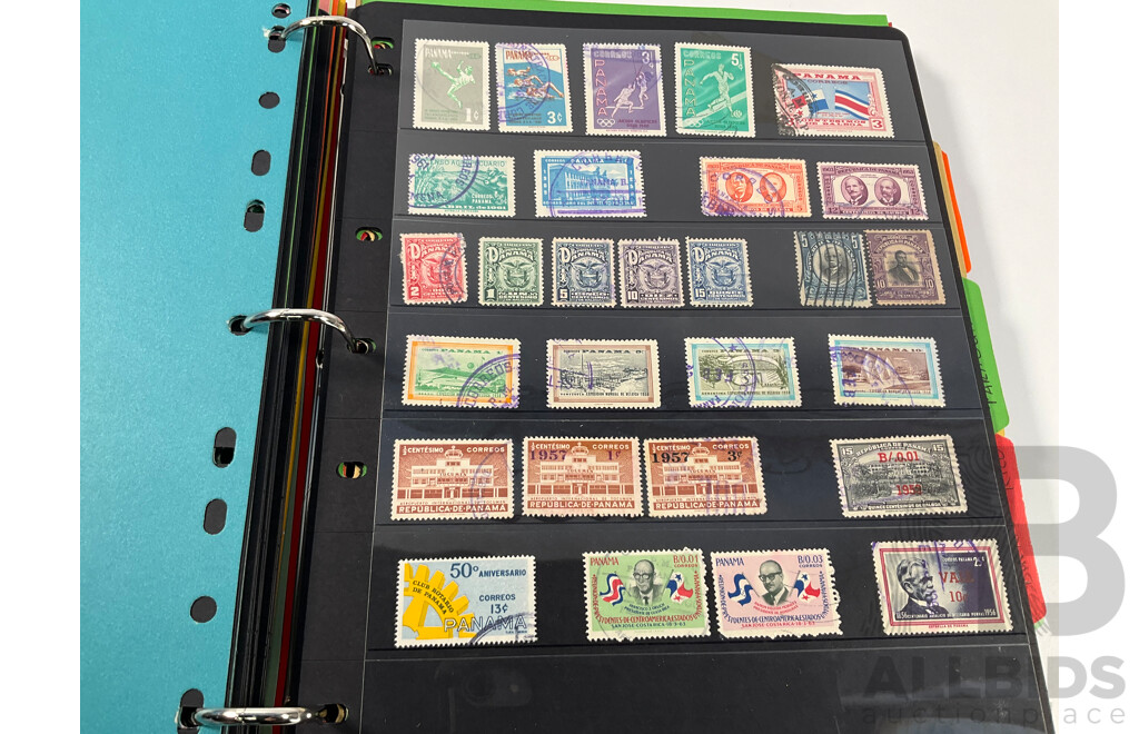 Album of North and South American Stamps Including USA 1862-1871 Two Dollar Mortgage Internal Revenue Stamp, Mexico 1899 Coat of Arms Part Set, Argentina, Bolivia, Chile, Canada, Columbia, Peru and More