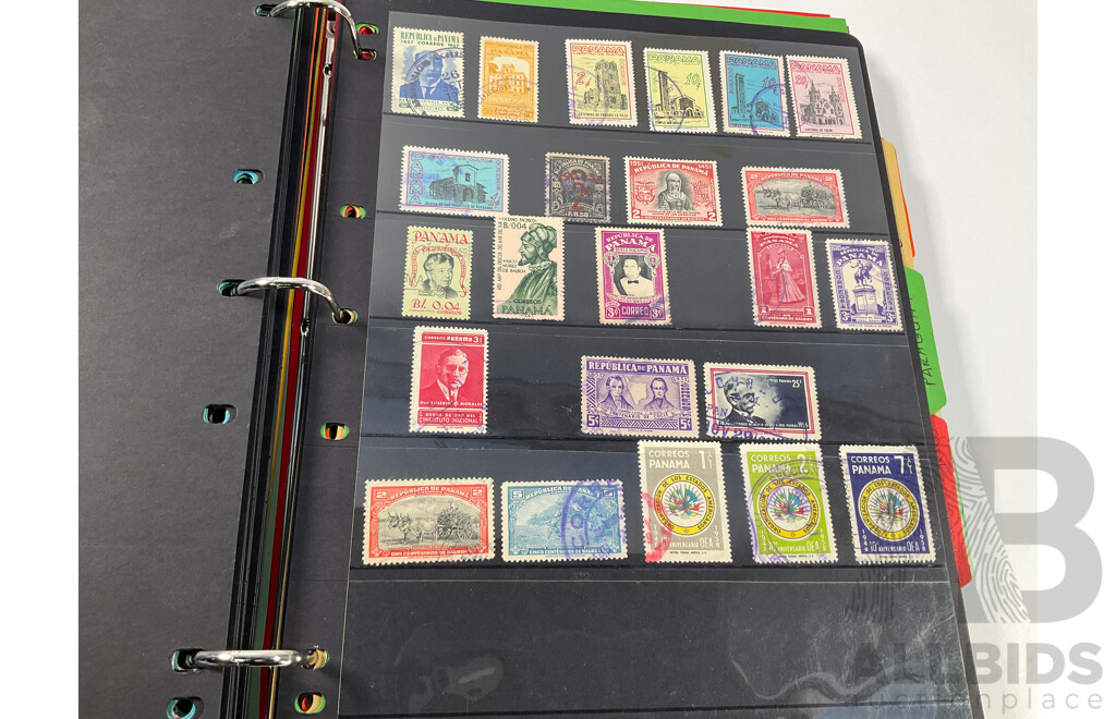 Album of North and South American Stamps Including USA 1862-1871 Two Dollar Mortgage Internal Revenue Stamp, Mexico 1899 Coat of Arms Part Set, Argentina, Bolivia, Chile, Canada, Columbia, Peru and More