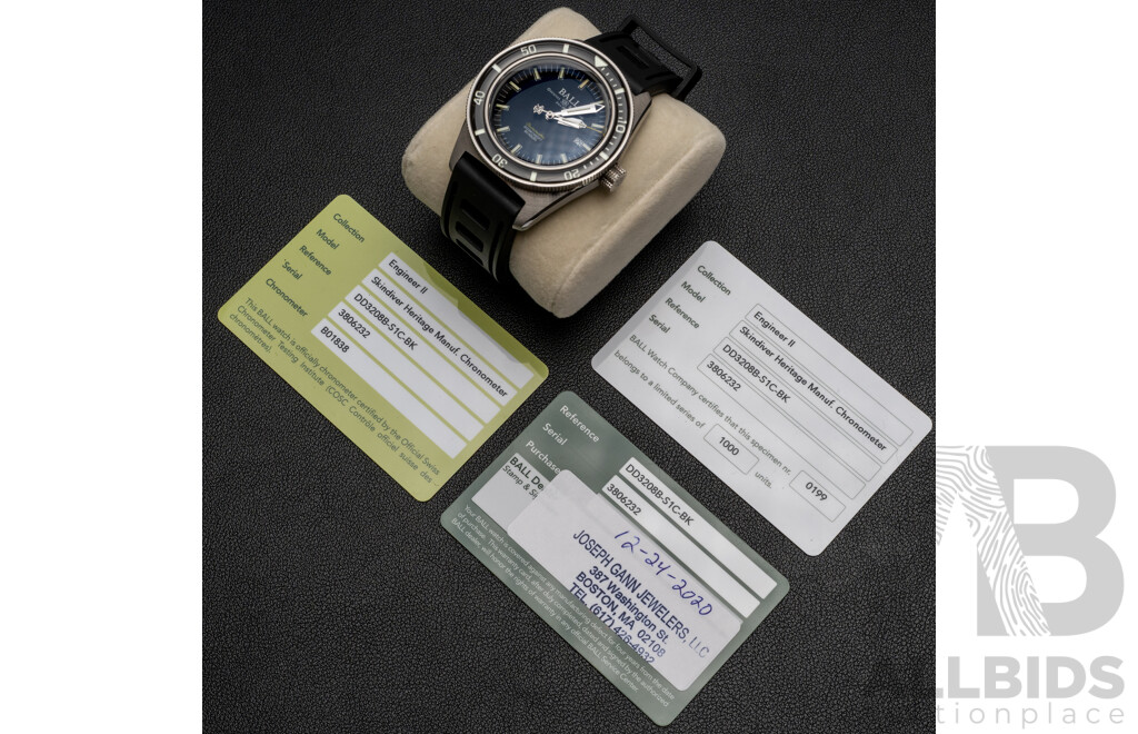 BALL Engineer II M Skindiver Heritage Automatic 42mm Watch - DD3208B-S1C-BK with Box & Tags