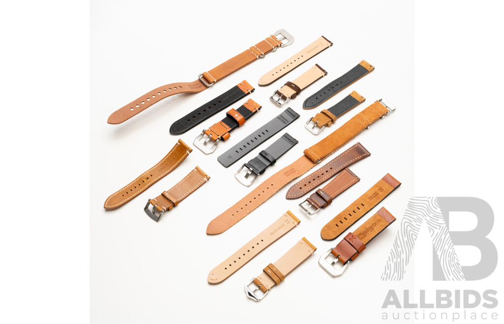 Lot of 10 Assorted Genuine Leather Watch Straps, 20 & 22mm