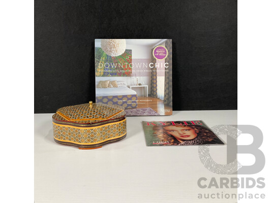Collection of Sundries Including Persian Khatamkari Wooden Box, Kylie Vinyl and Downtown Chic Book