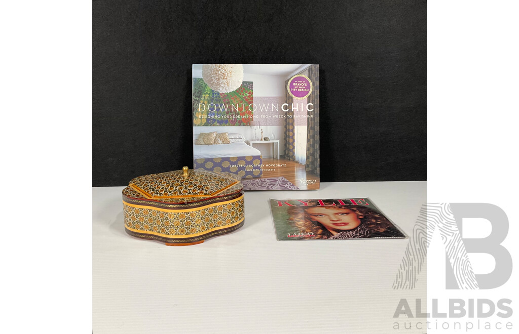 Collection of Sundries Including Persian Khatamkari Wooden Box, Kylie Vinyl and Downtown Chic Book