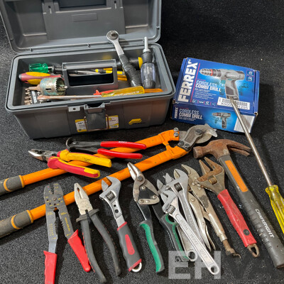 Assorted Hand Tools and FERREX Drill