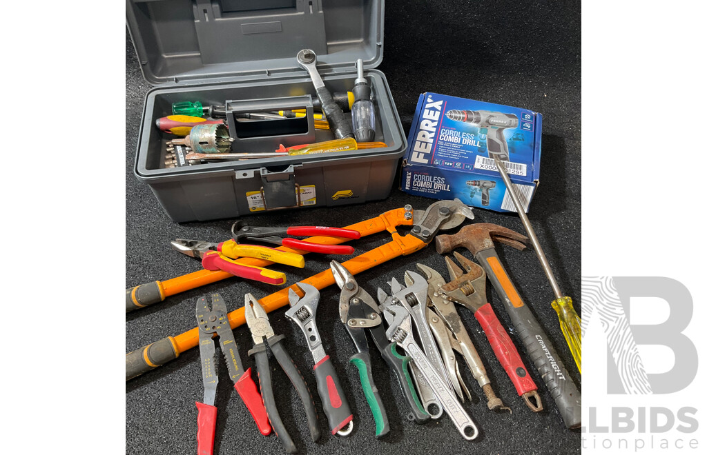 Assorted Hand Tools and FERREX Drill