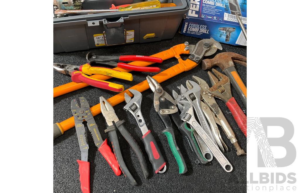Assorted Hand Tools and FERREX Drill