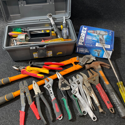 Assorted Hand Tools and FERREX Drill