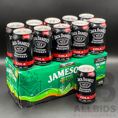 JAMESON Irish Whiskey Dry & Lime 10x 375ml Cans, JACK DANIEL'S Whisky with Cola 11x 330ml Cans - Lot of 21