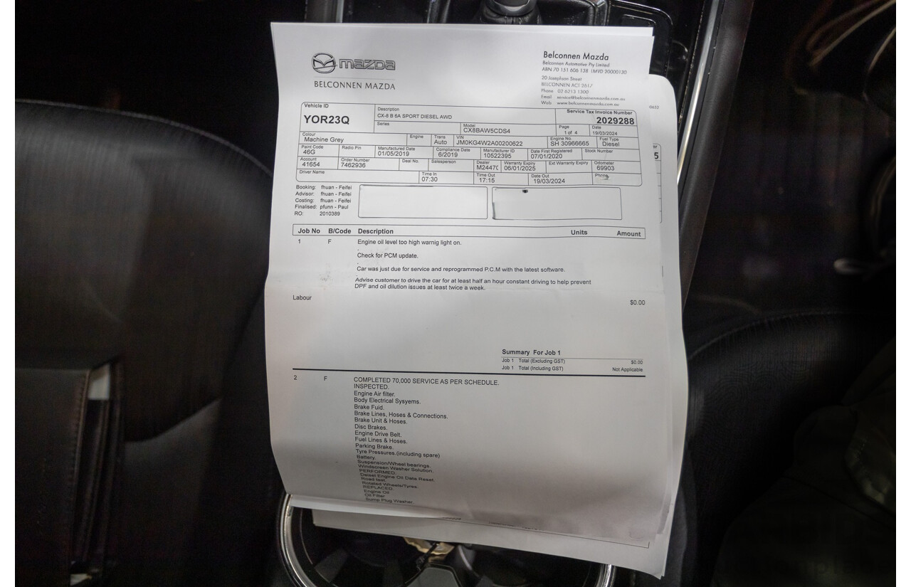 6/2019 Mazda CX-8 Sport (AWD) KG B 4d Wagon Machine Grey Metallic Turbo Diesel 2.2L - 7 Seater
