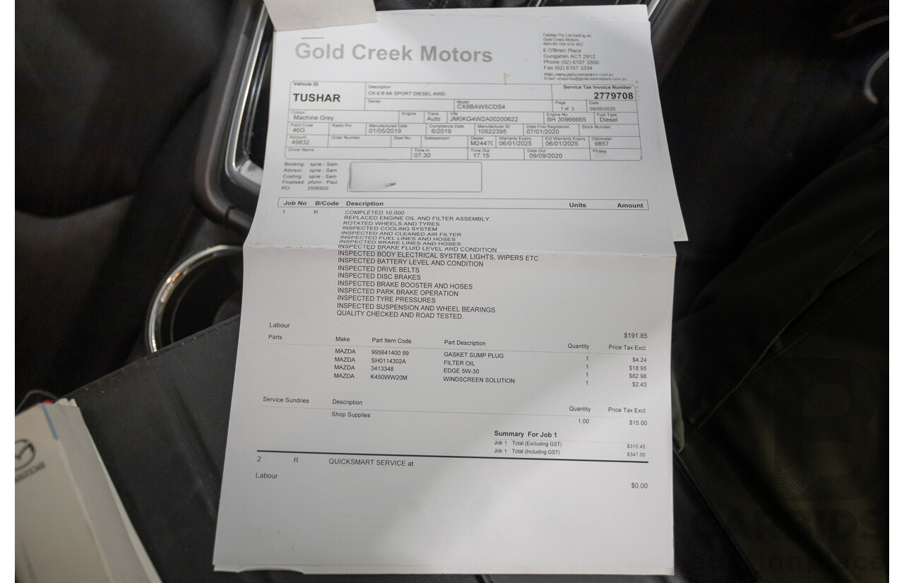 6/2019 Mazda CX-8 Sport (AWD) KG B 4d Wagon Machine Grey Metallic Turbo Diesel 2.2L - 7 Seater