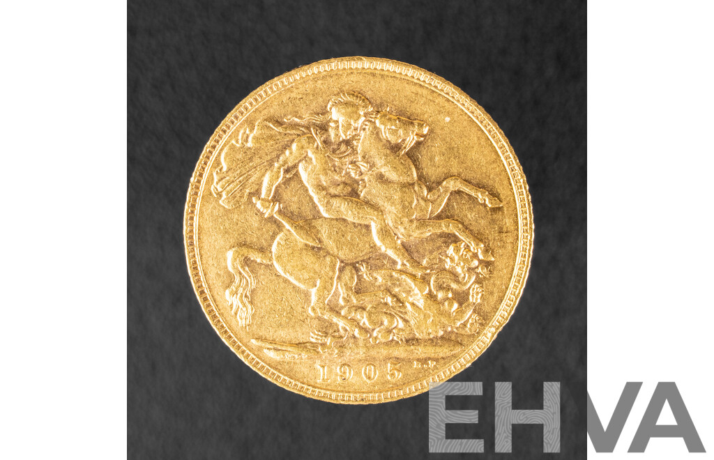 Australian 1905 KEVII Gold Sovereign, London Mint .917