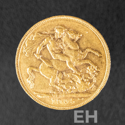Australian 1905 KEVII Gold Sovereign, London Mint .917