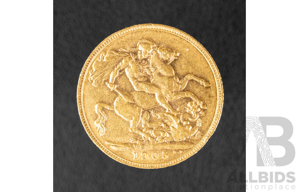 Australian 1905 KEVII Gold Sovereign, London Mint .917