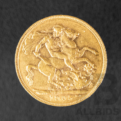 Australian 1905 KEVII Gold Sovereign, London Mint .917