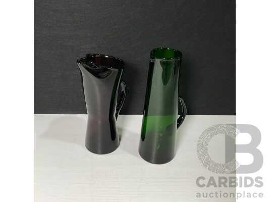 Pair of Hand-Blown Retro Art Glass Pitchers