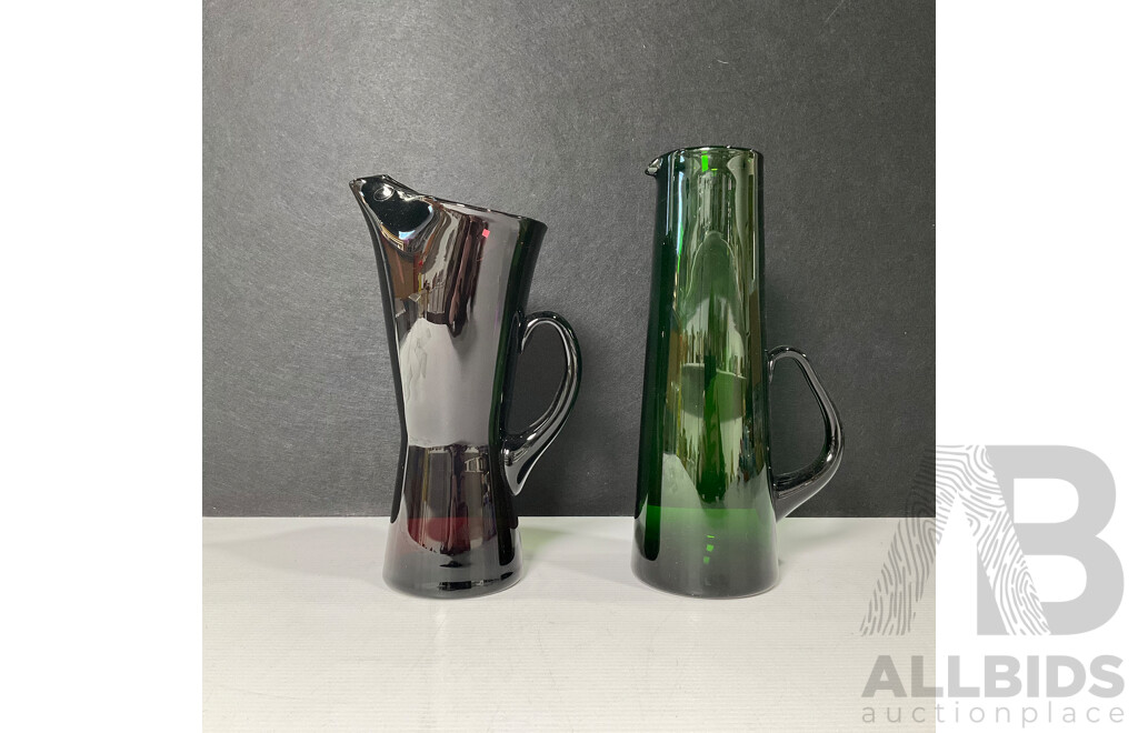 Pair of Hand-Blown Retro Art Glass Pitchers