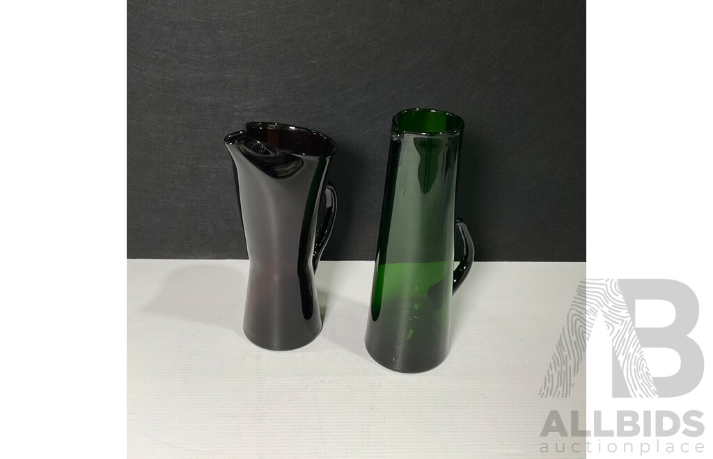 Pair of Hand-Blown Retro Art Glass Pitchers