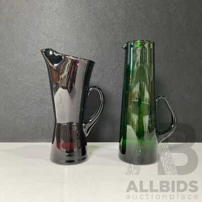 Pair of Hand-Blown Retro Art Glass Pitchers