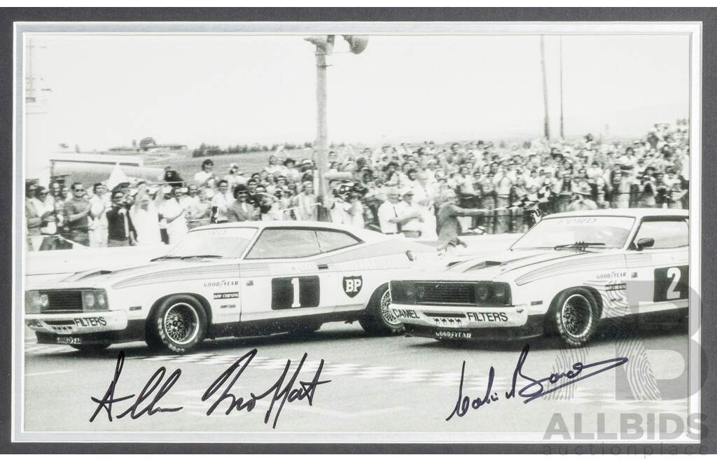 Framed Signed Photo Montage of Bathurst Winner's Allan Moffit and Jacky Ickx with Colin Bond and Allan Hamilton