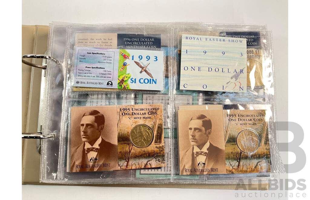 Fifty Six Australian Commemorative Carded One Dollar, Many Sets and Mint Marked