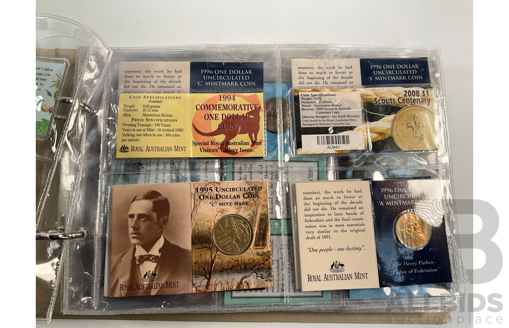 Fifty Six Australian Commemorative Carded One Dollar, Many Sets and Mint Marked